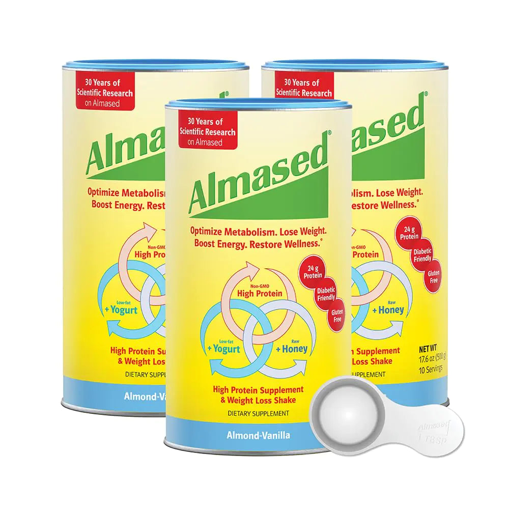 Almased Protein Powder for Weight Loss Kit for Men & Women Natural Meal Replacement Shake for Weight Loss Supplement 24 Grams of Protein Per Serving (Almond Vanilla Flavor 3 Cans @ 17.6 oz ea + Scoop)